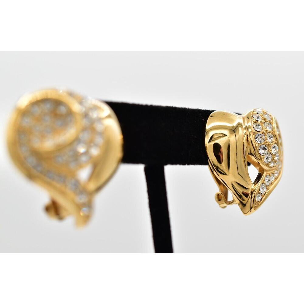 Givenchy Vintage Crystal Heart Clip On Earrings Gold Chunky Signed 1980s BinAZ - Picture 5 of 12